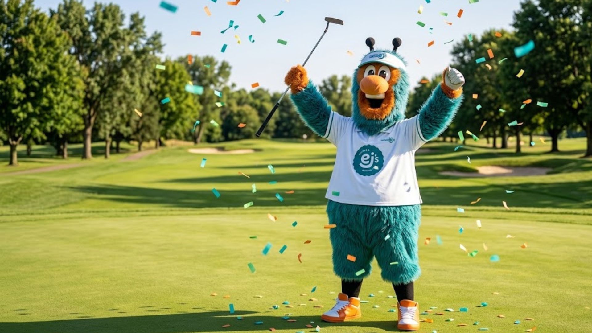 Charlie the Simple EJ's mascot celebrating with confetti after winning the Father's Day putting competition