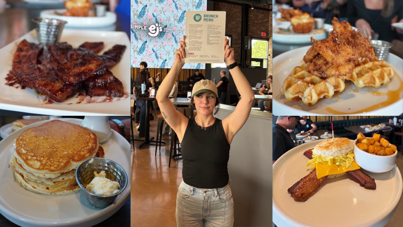 Weekend brunch at Simple EJ's in St. Charles: candied bacon, pancakes, chicken and waffles, and a breakfast biscuit sandwich, served Saturdays and Sundays 10 am to 2 pm