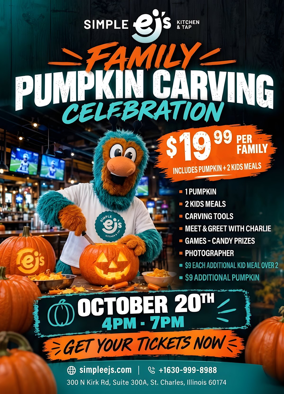 Event flyer for the Simple EJ's Family Pumpkin Carving Celebration on October 20 from 4 to 7 PM in St. Charles, IL, $19.99 per family including a pumpkin and 2 kids meals